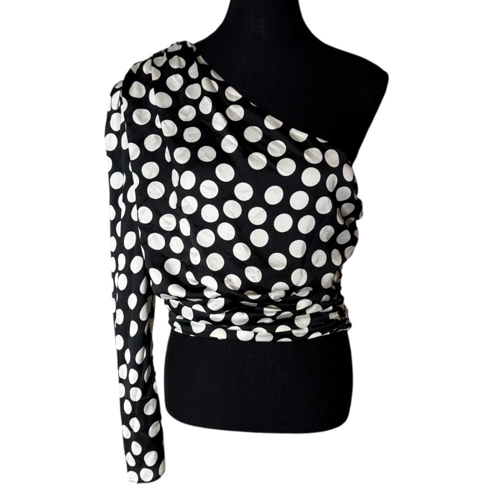 MANGO MNG New Asymmetrical Polka Dot One Sleeve Crop Blouse Top Sz Medium - Picture 2 of 12